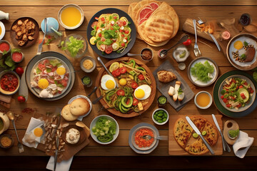 A selection of dishes suitable for a brunch with a big family, on wooden table. Top vie. Generative AI technology