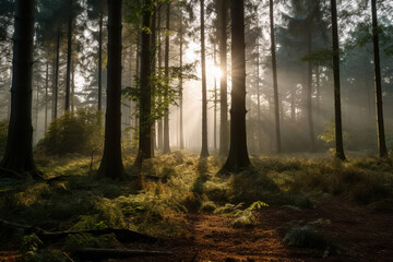 Naklejka premium the sun shining through trees in a forest during sunset, generative ai 