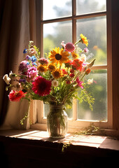 vibrant bouquet of assorted wildflowers arranged in a rustic vase on a sunlit windowsill, generative ai