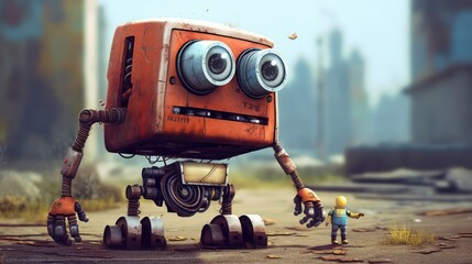Generating AI illustration of a cute robot character with weird face 