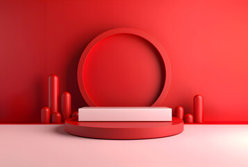 Abstract minimal concept. Luxury red round podium on background. Mock up template for product presentation. copy text space