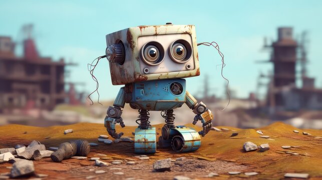 Generating AI illustration of a cute robot character with weird face 