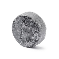 Grey solid shampoo bar on white background