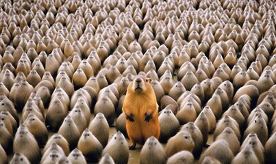Obraz premium a large group of animals standing in the middle of a field of smaller animals in the middle of the picture, with a dog standing on top of the rows of them. generative ai