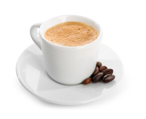 Cup of delicious espresso, coffee beans and saucer on white background