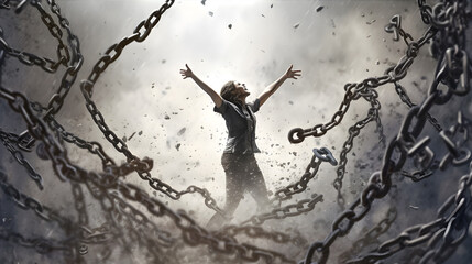 Person breaking free from chains or constraints, representing liberation and newfound freedom. Generative ai.
