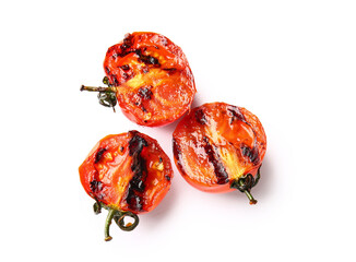 Tasty grilled tomatoes on white background