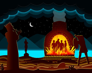Shadrach, Meshach, and Abed-nego thrown into a fiery furnace. Paper art. Abstract, illustration, minimalism. Digital Art. Bible story. - 610752668