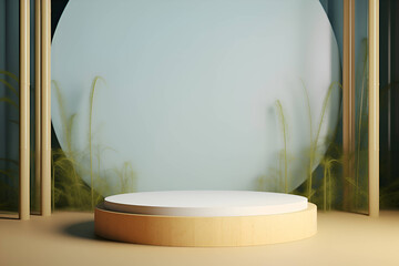 Naklejka na ściany i meble White wooden podium on natural beige background with bamboo, geometric mockup, generative AI 2