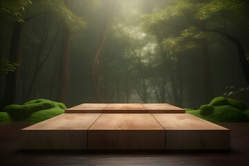 Wooden podium on natural background with trees, mockup, generative AI 1