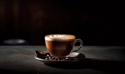  a cup of coffee on a saucer with a spoon next to it and a spoon on the side of the cup, on a dark surface.  generative ai