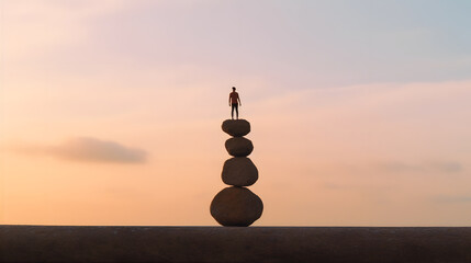 Balancing Act: A whimsical image featuring a person balancing on top of an object, embodying balance, stability, and focus in life. Generative ai