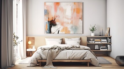 Bed in modern interior space, 3D render, 3D illustration, home design. Generative AI