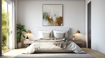 Bed in modern interior space, 3D render, 3D illustration, home design. Generative AI