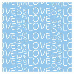 Seamless pattern of repeating word love on blue background.