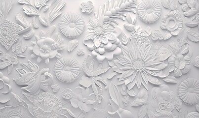  a close up of a white wall with many flowers on the wall and a bird in the middle of the wall and a bird in the middle of the wall.  generative ai