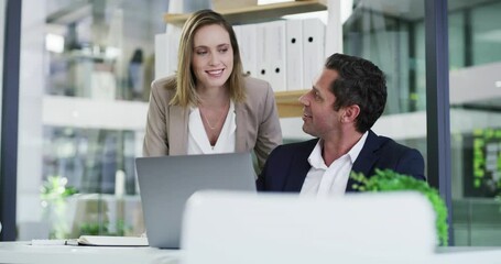 Office laptop, reading and team happy for company insight, statistics or online project analysis. Collaboration discussion, computer communication and professional people chat about bank report data