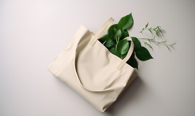  a white tote bag with a green leaf on top of it and a plant in the middle of the bag on a white surface.  generative ai