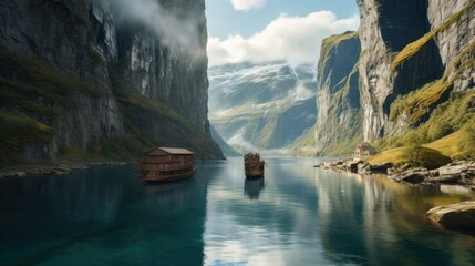 Majestic landscape with towering cliffs, icy waters, and ancient ruins nestled within the rugged terrain