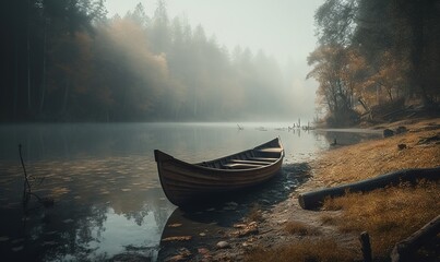  a boat is sitting on the shore of a lake in the foggy morning with a few people in the water and trees in the background.  generative ai