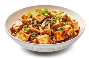 Fototapeta premium Bowl of Mapo Tofu Isolated on a White Background. Generative AI