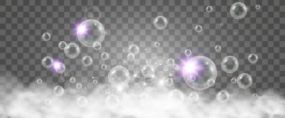 Air bubbles on a transparent background. Soap foam vector illustration.	

