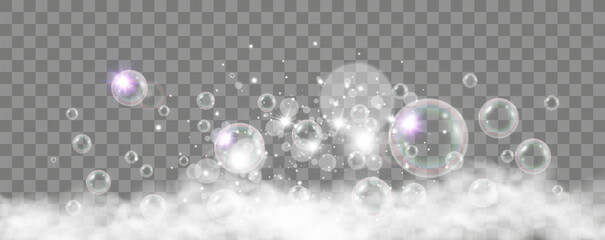 Air bubbles on a transparent background. Soap foam vector illustration.	

