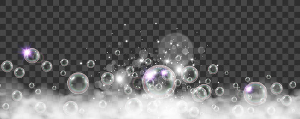 Air bubbles on a transparent background. Soap foam vector illustration.	

