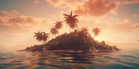 Fototapeta na wymiar Small uninhabited island with palm trees at dawn. Created with generative AI tools