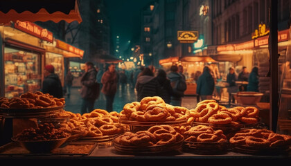 Nighttime street food vendors sell unhealthy snacks to tourists in Istanbul generated by AI
