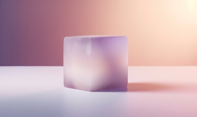  an ice cube sitting on a table in front of a light colored background with a blurry image of the ice cube in the middle.  generative ai