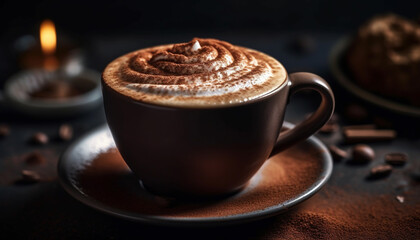 Freshly brewed coffee in a rustic coffee shop with frothy foam generated by AI