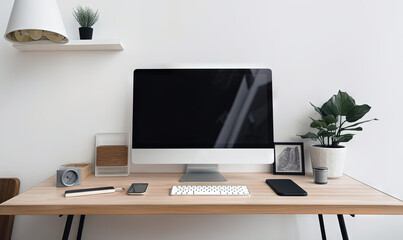  a computer monitor sitting on top of a wooden desk next to a keyboard and a monitor monitor on top of a wooden desk next to a potted plant.  generative ai