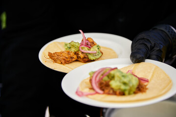 platillos, platos, entrada, catering, copetón, mozo, mano, servicio, aguacate, palta, verde, fresco, macro, zoom