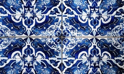  a close up of a blue and white tile wall with a pattern of flowers and leaves on the side of the tile, with a white background.  generative ai