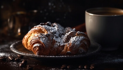 Fototapeta na wymiar Freshly baked croissant and sweet bun on rustic wooden table generated by AI