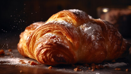 Freshly baked croissant, a sweet French pastry ready to eat on wooden table generated by AI