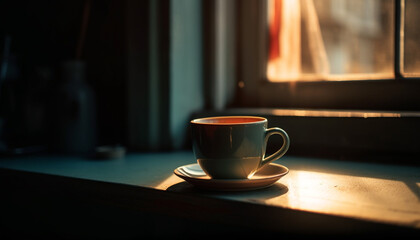 Obraz premium Hot latte in rustic coffee shop on wooden table near window generated by AI