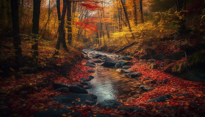 Fototapeta premium Tranquil autumn forest landscape, vibrant colors of yellow and orange generated by AI