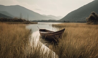 a boat is sitting in the middle of a lake surrounded by tall grass and mountains in the distance with a few trees in the foreground.  generative ai