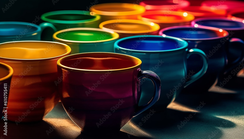 Poster vibrant colors of pottery mugs in a row on table generated by ai