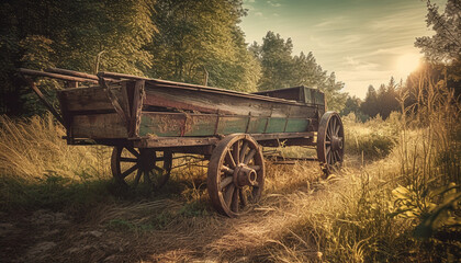 Obraz premium Rustic horse cart abandoned in tranquil meadow, weathered and broken generated by AI
