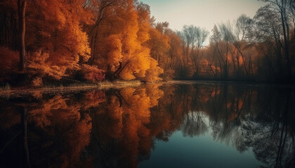 Tranquil autumn forest reflects vibrant colors in the tranquil lake generated by AI