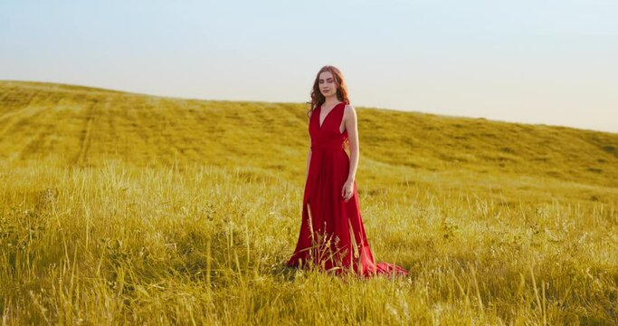 Ginger beauty in luxurious red dress stands on grassy meadow, surrounded by luxurious golden landscape and warm rays of radiant sunset. Young woman at sunset as embodiment of spirit of nature