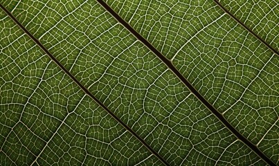  a close up view of a green leaf's veining pattern, with a black background and a white line across the center of the leaf.  generative ai