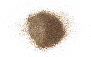 Minced black pepper, ground peppercorn pile isolated on white, top view