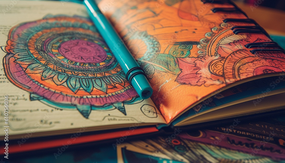 Poster old fashioned book collection on wooden table with colorful patterns generated by ai