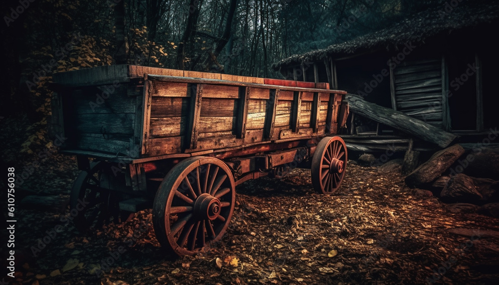 Poster rusty old wagon wheel abandoned in spooky ancient forest generated by ai