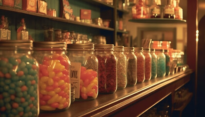 Fototapeta na wymiar Abundance of sweet food in multi colored jars on store shelf generated by AI