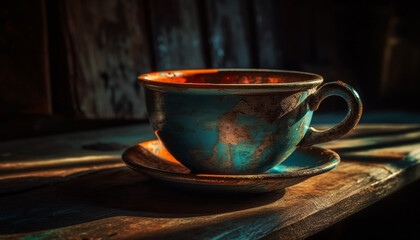 Rustic coffee table with dark mug and saucer generated by AI